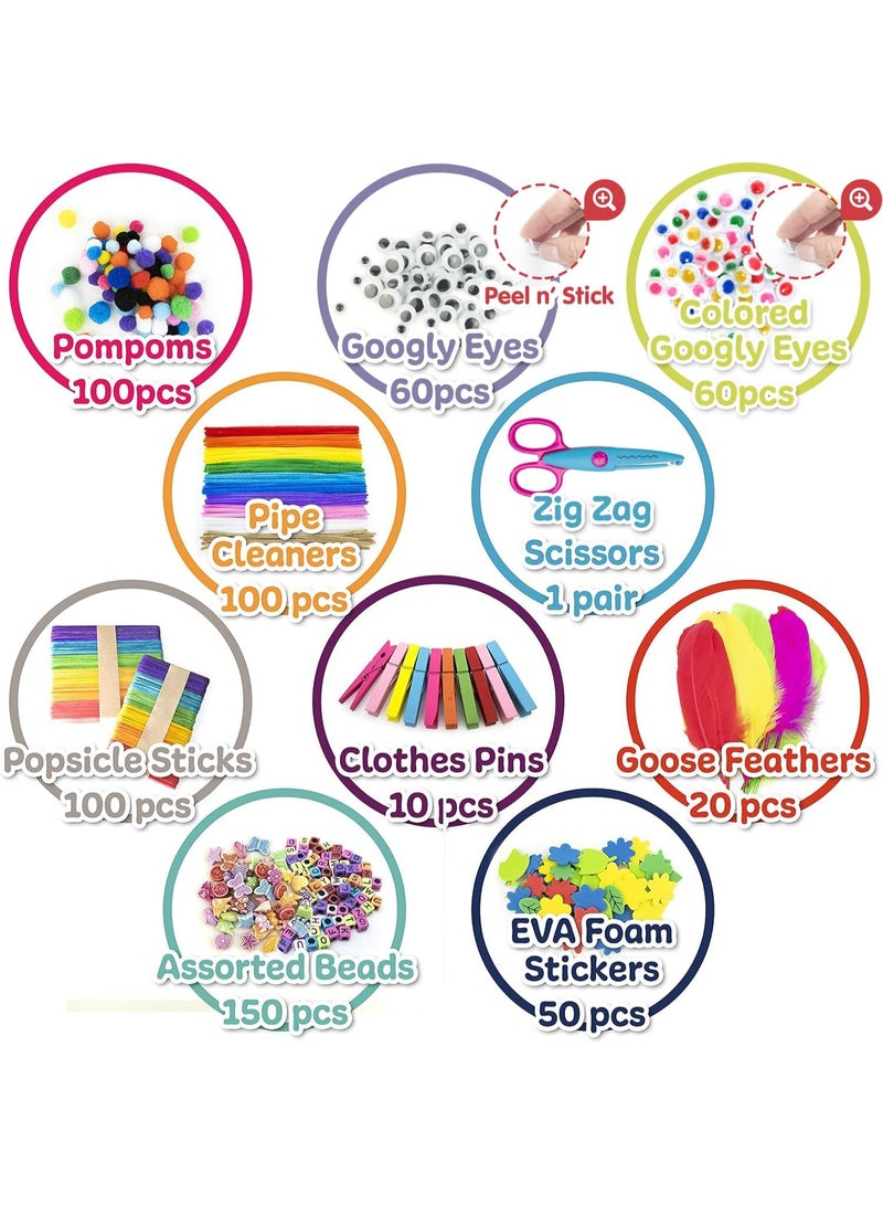 Capstro Kids DIY Arts & Crafts Supplies Kit – 1000+ Pcs Blue Craft Materials Box with Pom Poms, Felt Shapes & Twist Sticks | Creative Art Set for Hands-On Craft Play - Image 4